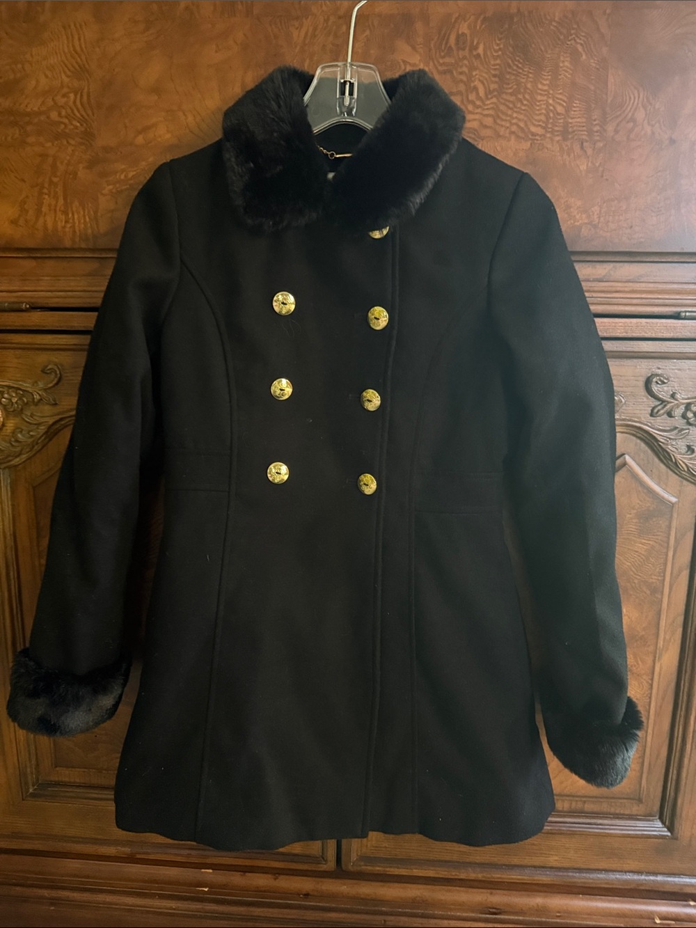 Classic Black Double-Breasted Girls Black Coat with Faux-Fur Trim